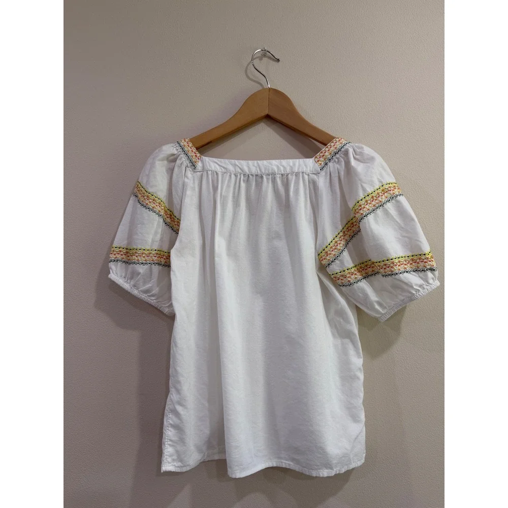Loft Womens White Embroidered V-Neck Puff Sleeve Cotton Lyocell Blouse XS